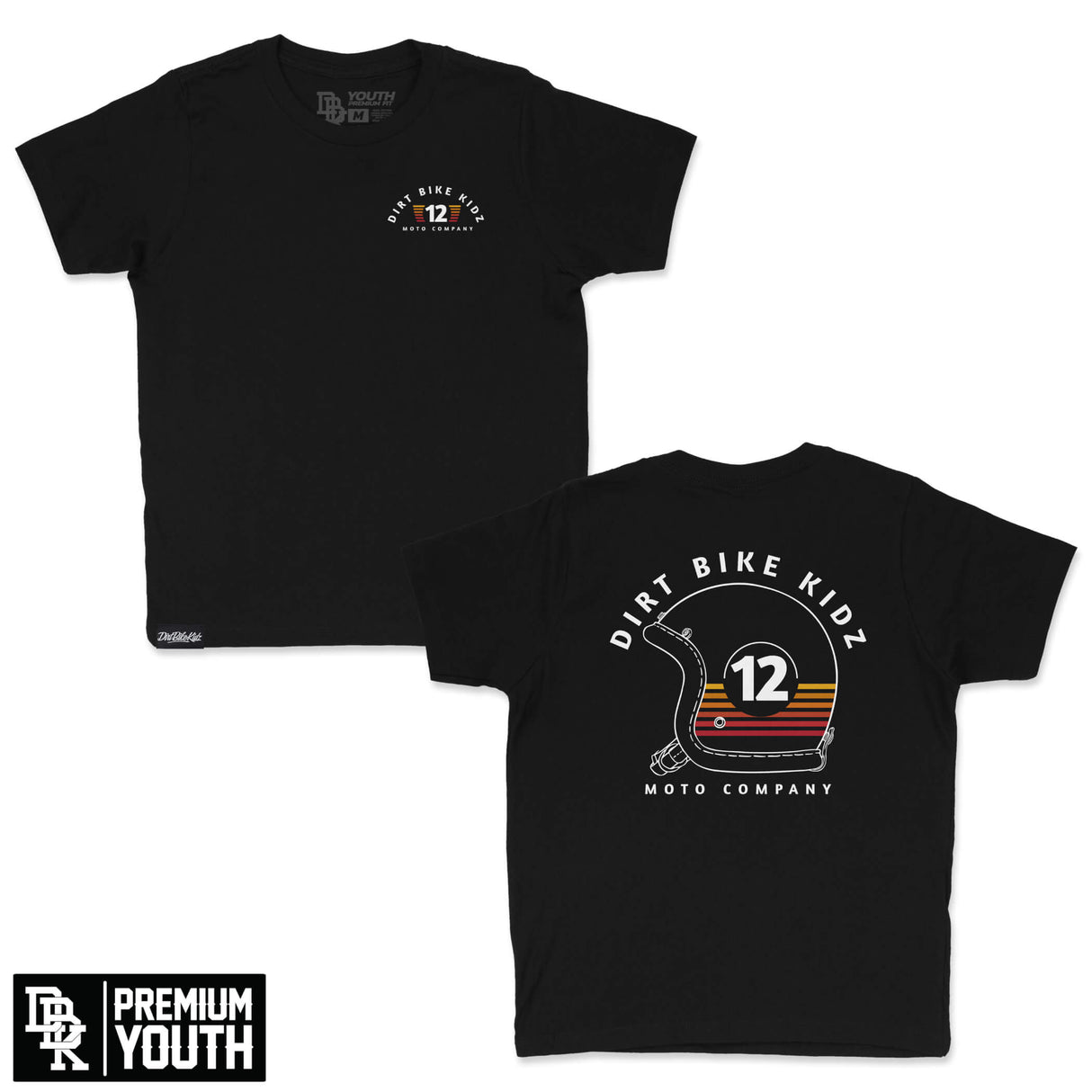 Youth black graphic T-shirt with Dirt Bike Kidz 12 Moto Company logo on chest