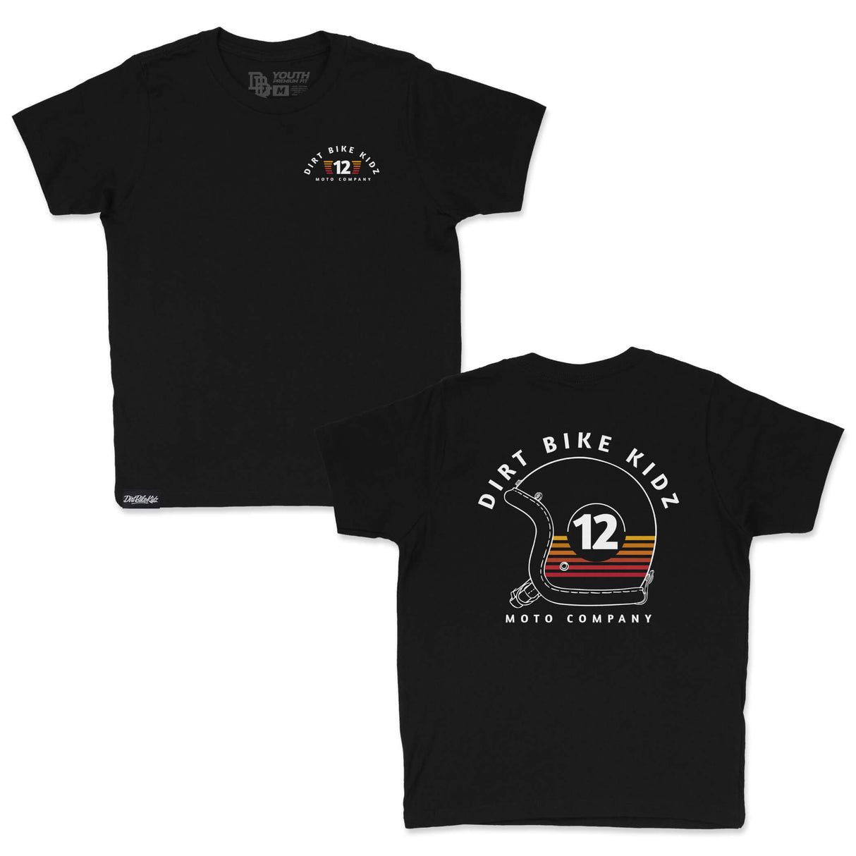 Youth black graphic T-shirt set: front and back views with Dirt Bike Kidz 12 logo
