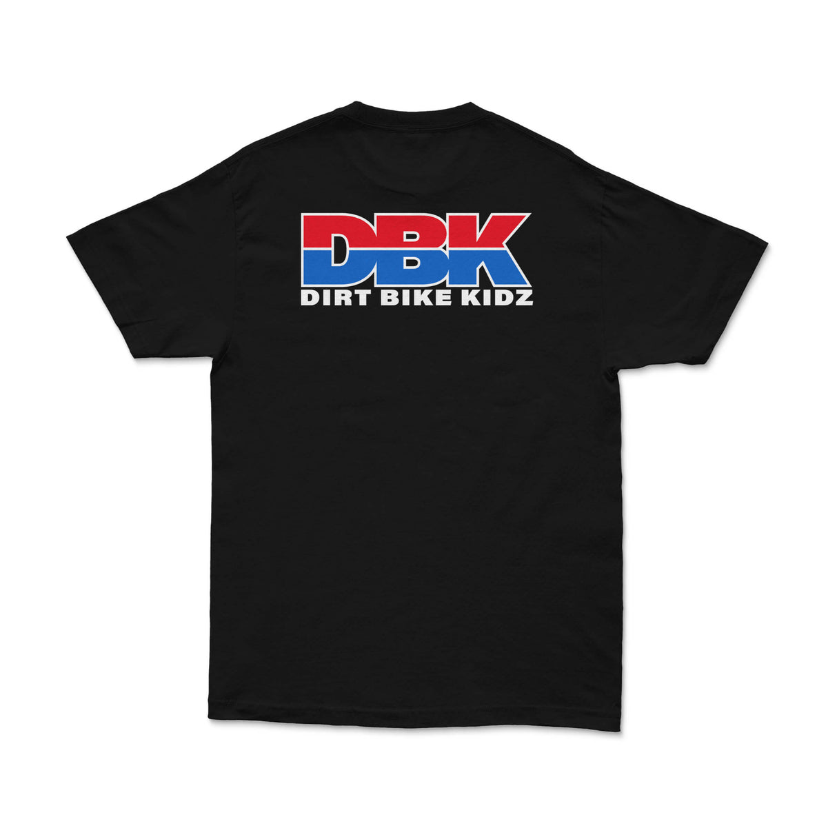 Black tee with large DBK Dirt Bike Kidz graphic on the back