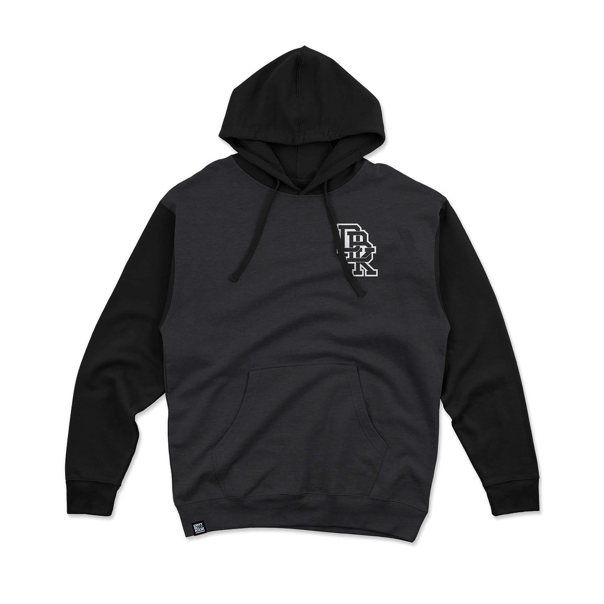 Family First Hoodie: schwarzer Hoodie mit Kapuze und Känguru-Tasche, kleines Brust-Logo
