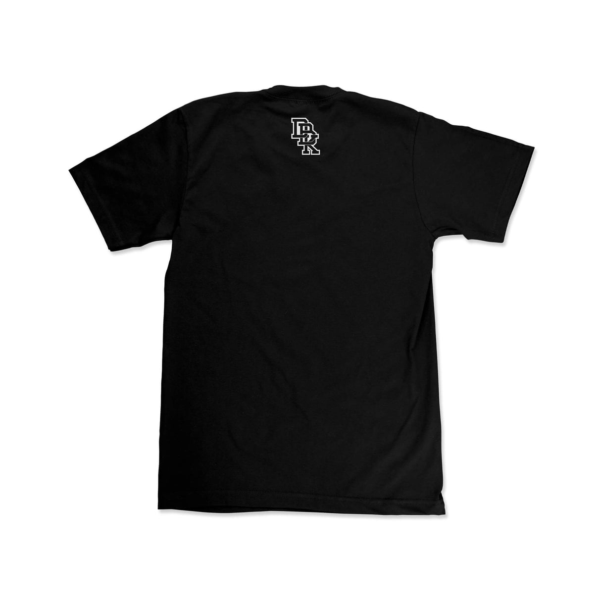 Black crewneck T-shirt with small chest graphic on the back