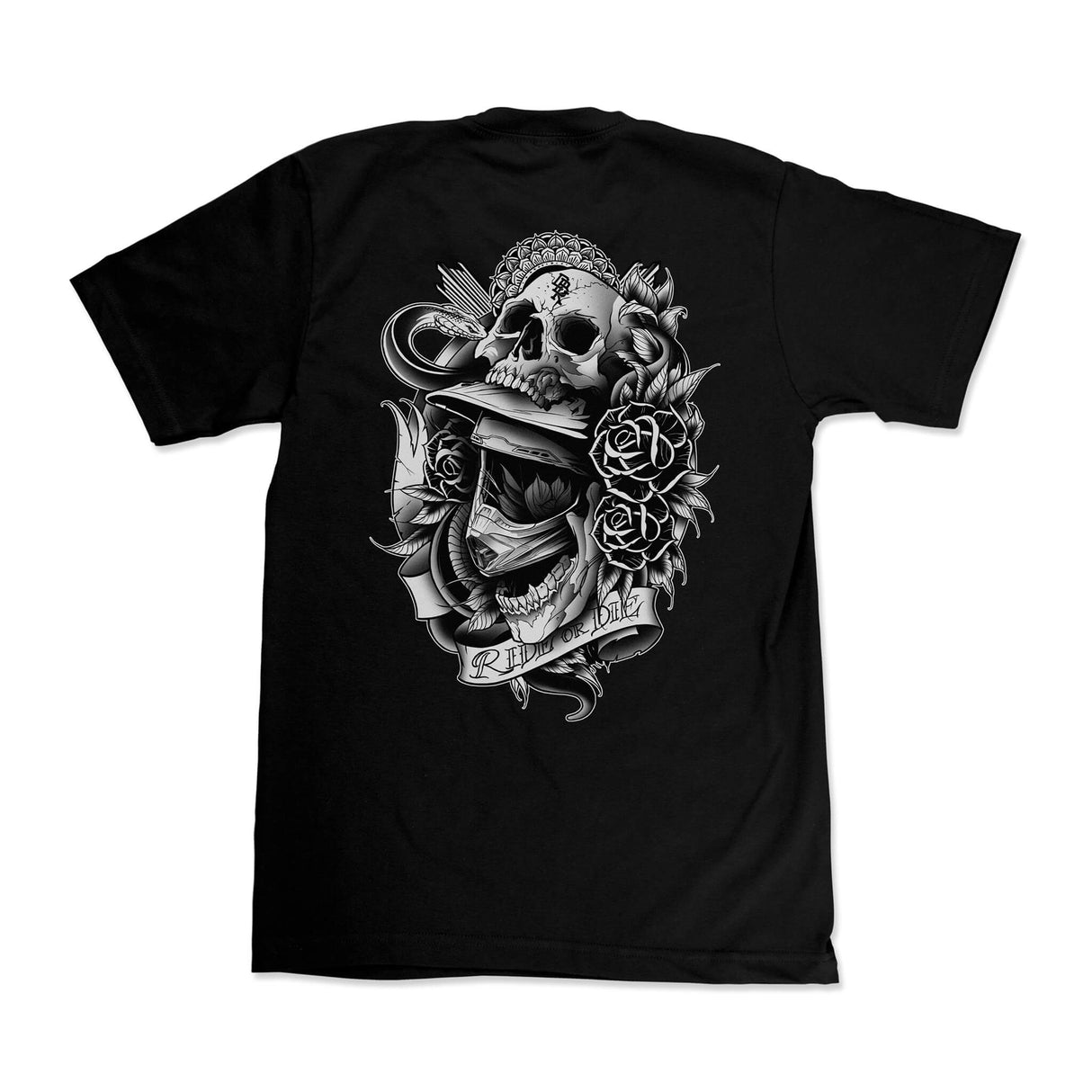 Black crewneck t-shirt with large back skull and rose graphic