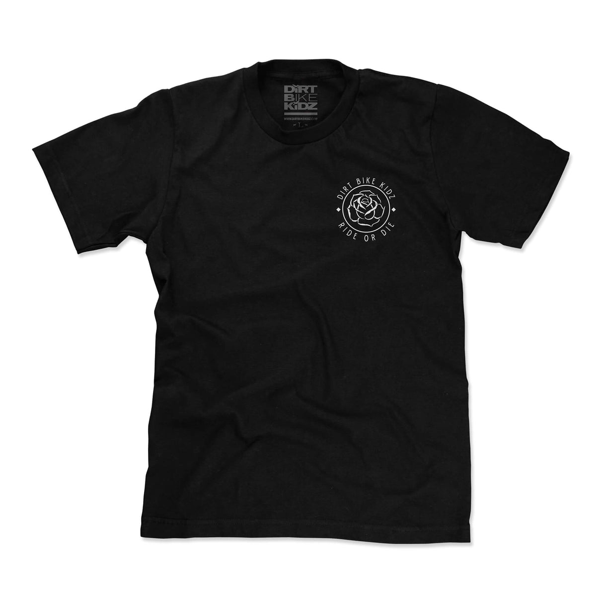 Black crewneck t-shirt with small circular chest rose logo