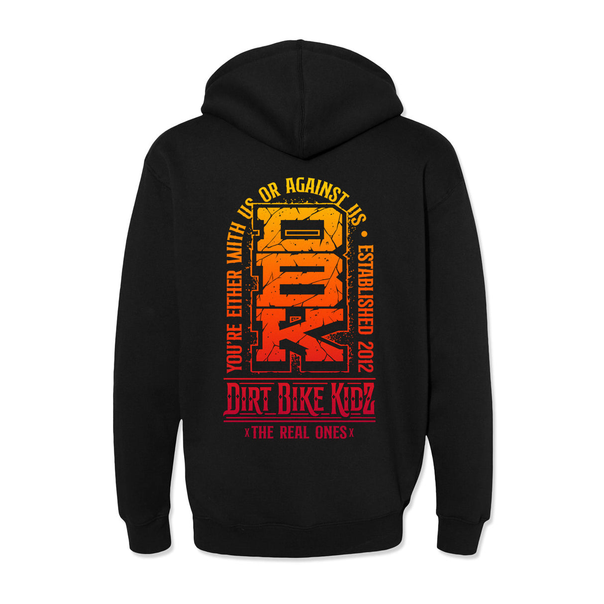 Black Tombstone hoodie back print with large orange and yellow logo text, hood