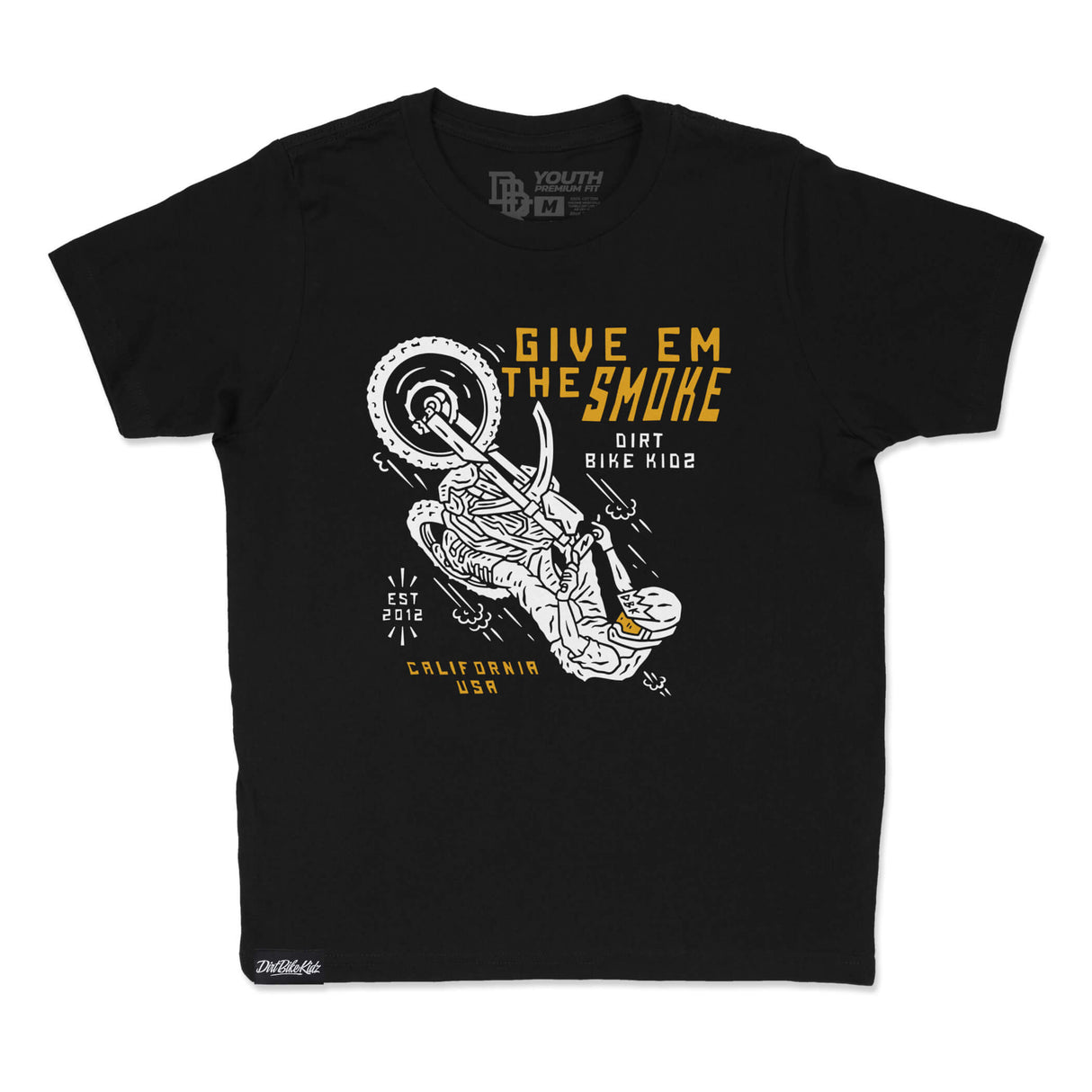 Black youth premium T-shirt with 'Give Em The Smoke' rider graphic on the front chest