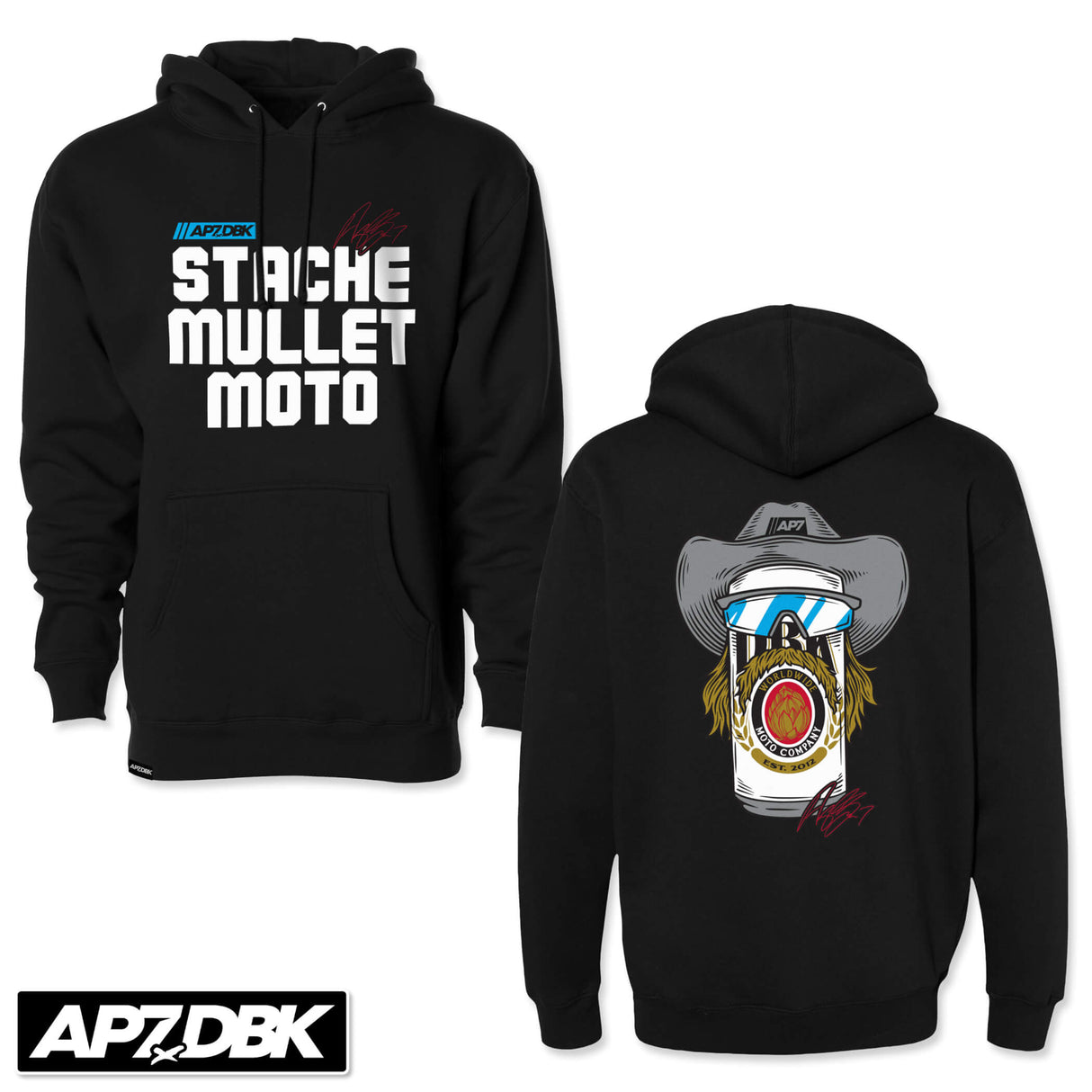 Black pullover hoodie with Stache Mullet Moto graphic and kangaroo pocket