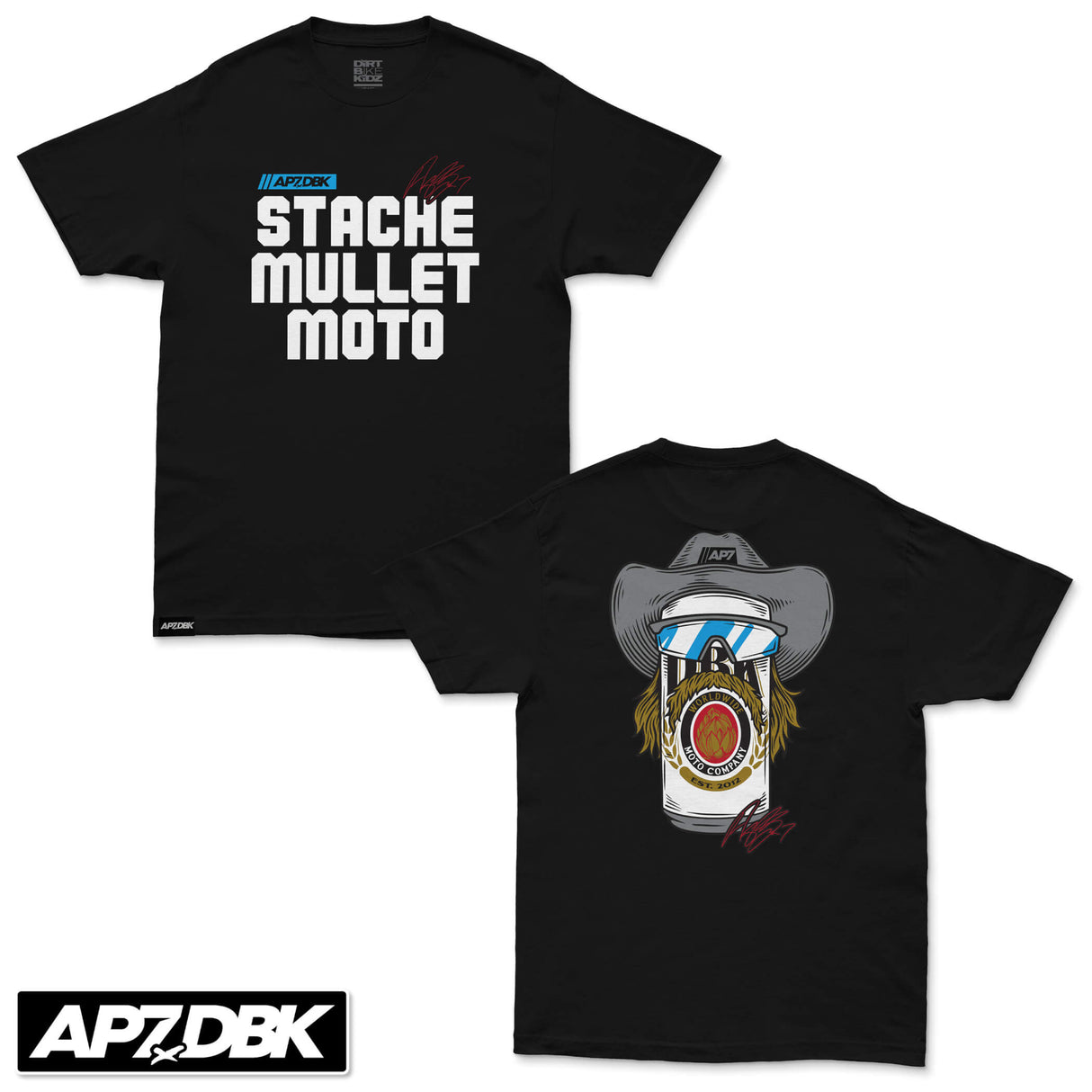 Black crewneck graphic tee with “STACHE MULLET MOTO” front print