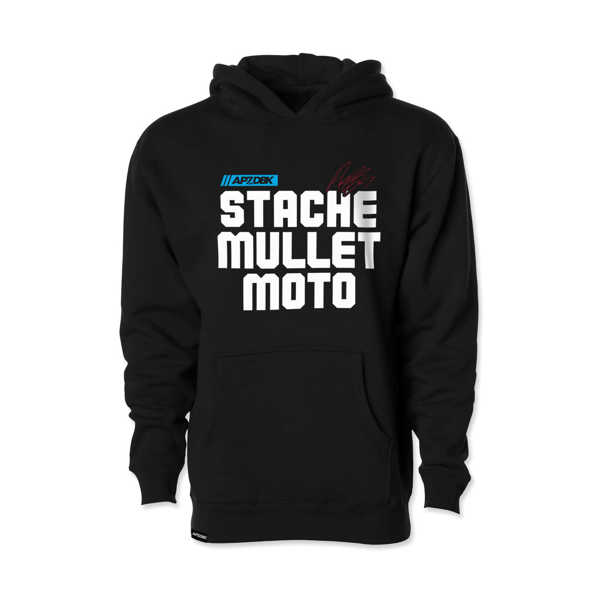 Youth black hoodie with front graphic text, kangaroo pocket, and hood drawstrings