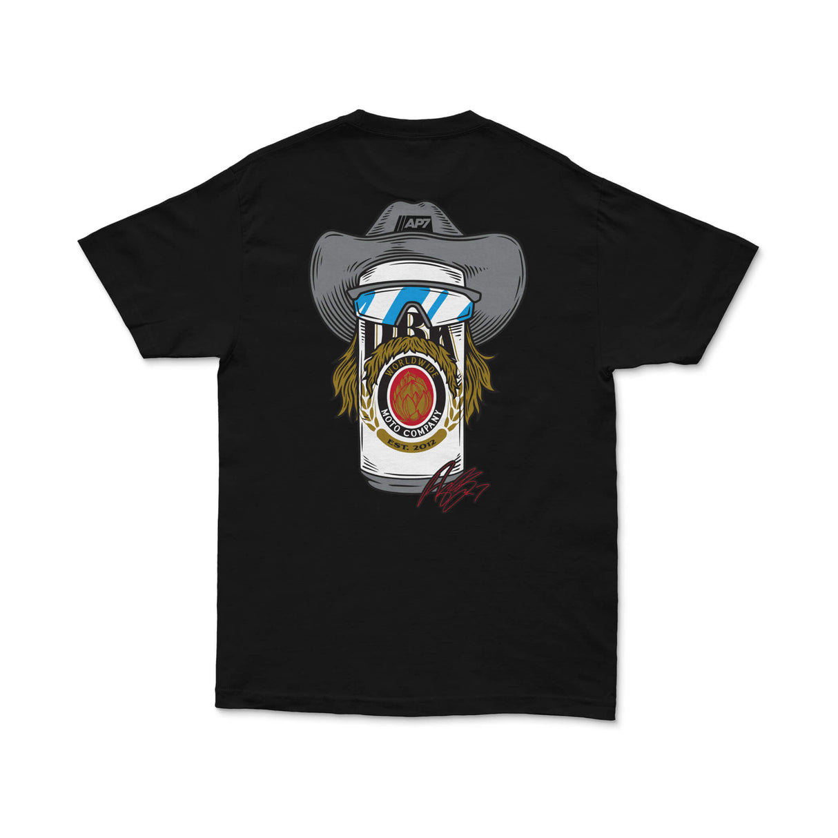 Black crewneck graphic tee front print reading “STACHE MULLET MOTO”