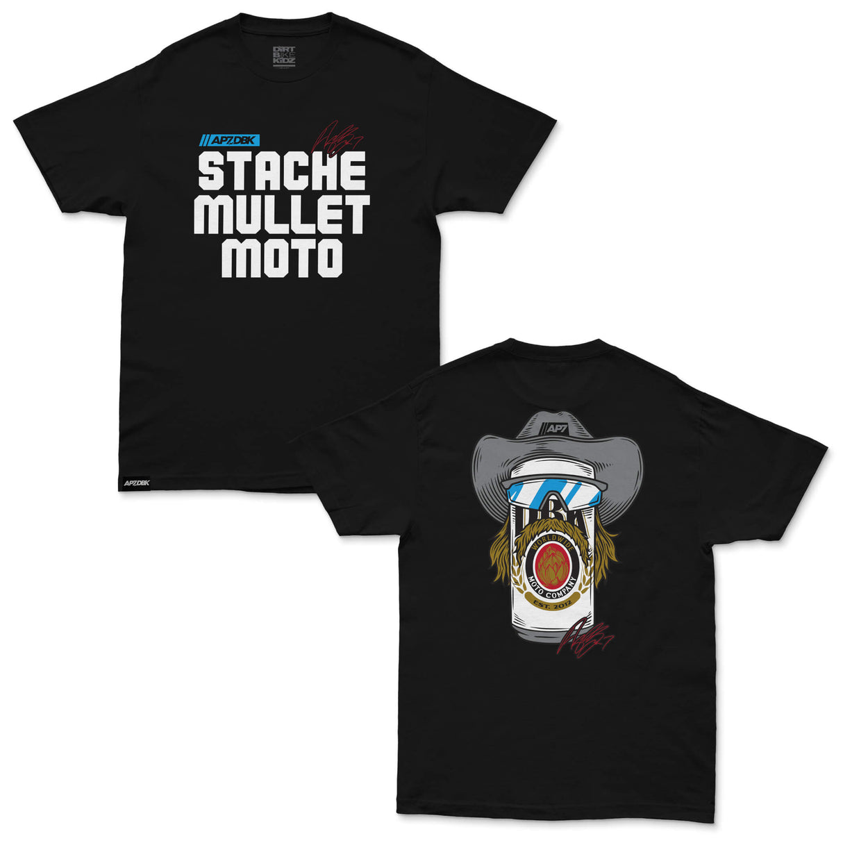 Black graphic tees showing front “STACHE MULLET MOTO” text and back cowboy graphic