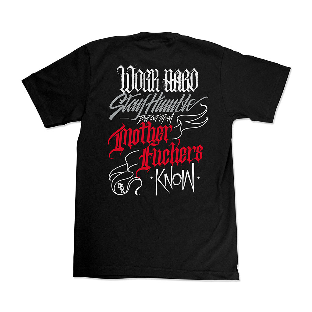 Black graphic tee back view with large white and red text design