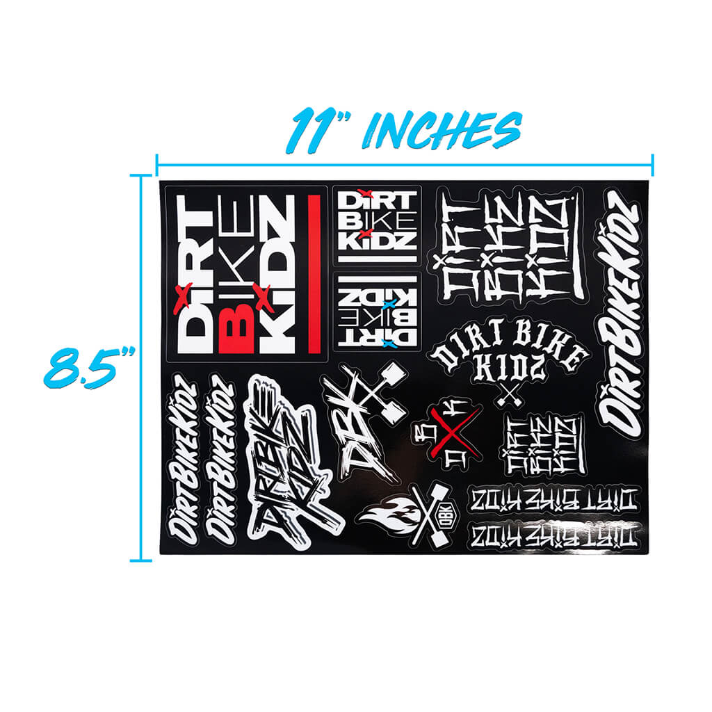 Sticker sheet with Dirt Bike KidZ decals, graffiti bike shapes, and red accents