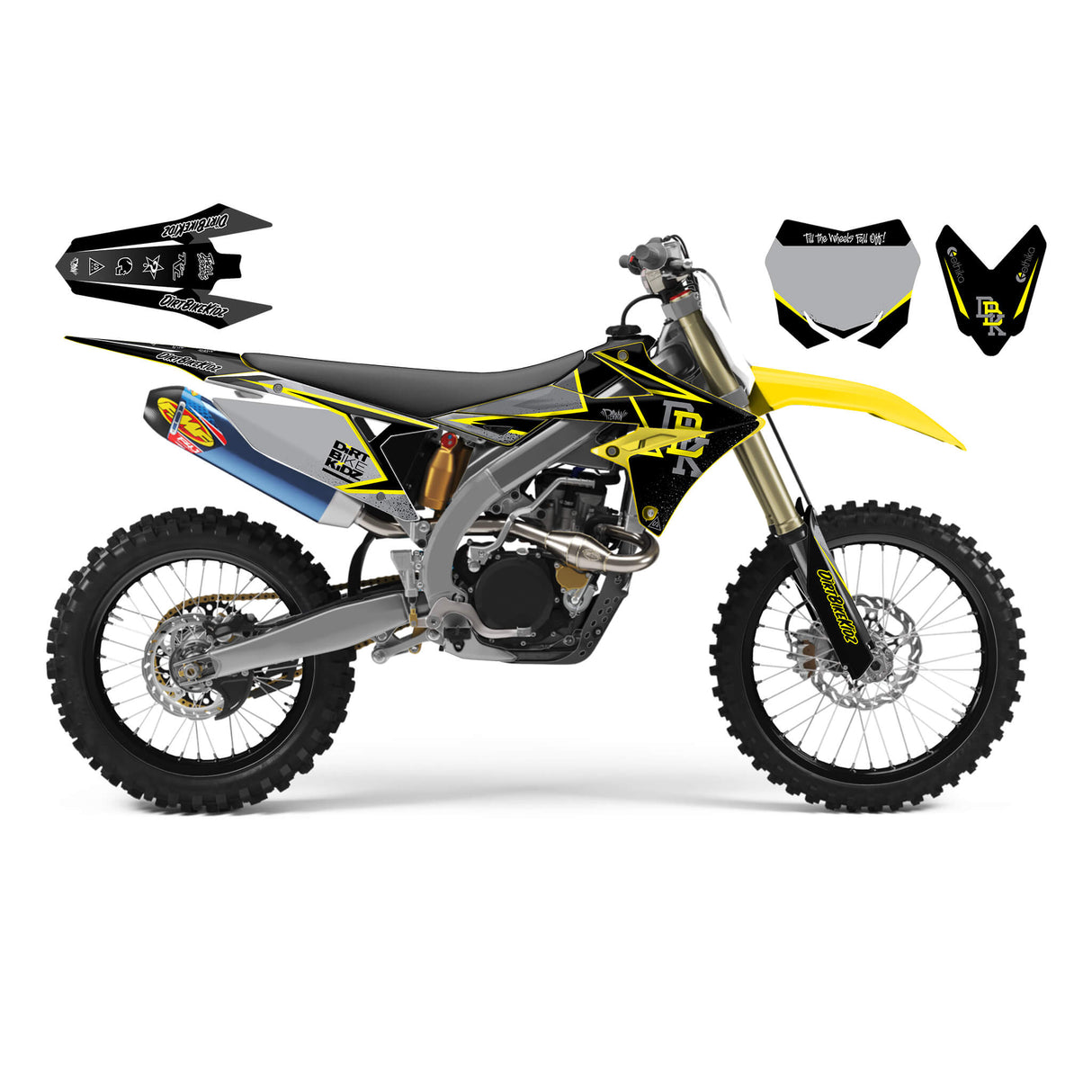 Yellow and black dirt bike with graphic kit, side view with loose decal pieces shown