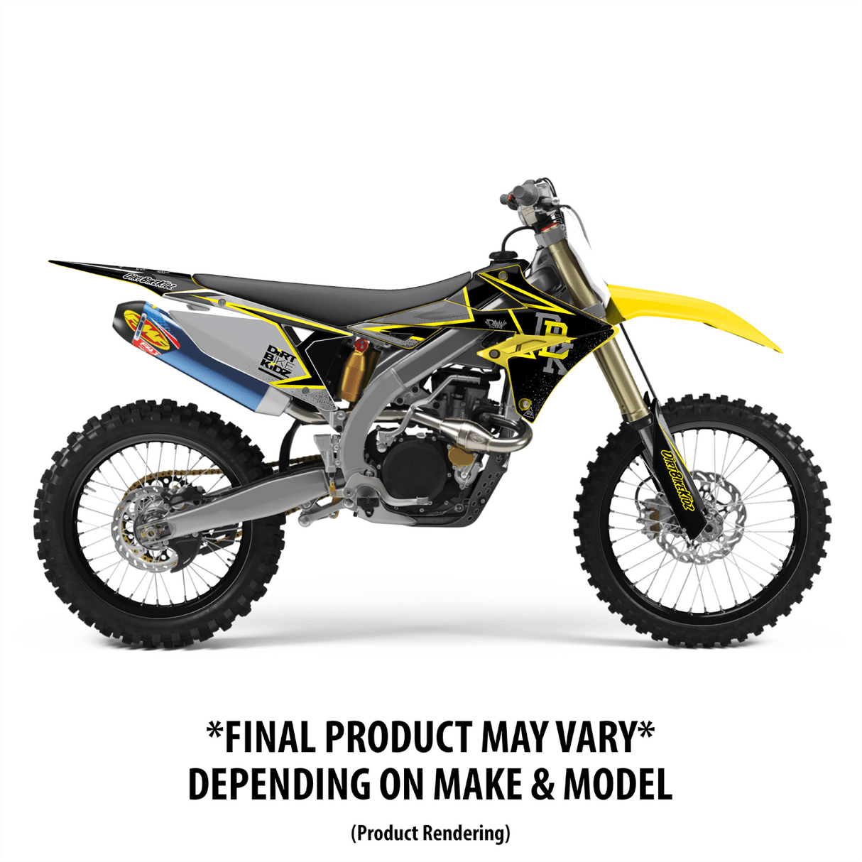 Yellow and black dirt bike with graphic kit, full side profile of decals and plastics