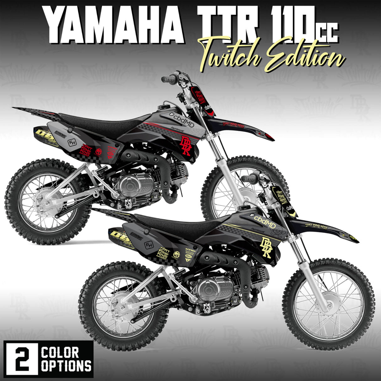 Yamaha TTR 110 faded motorcycle graphics kit in black with yellow and red accents