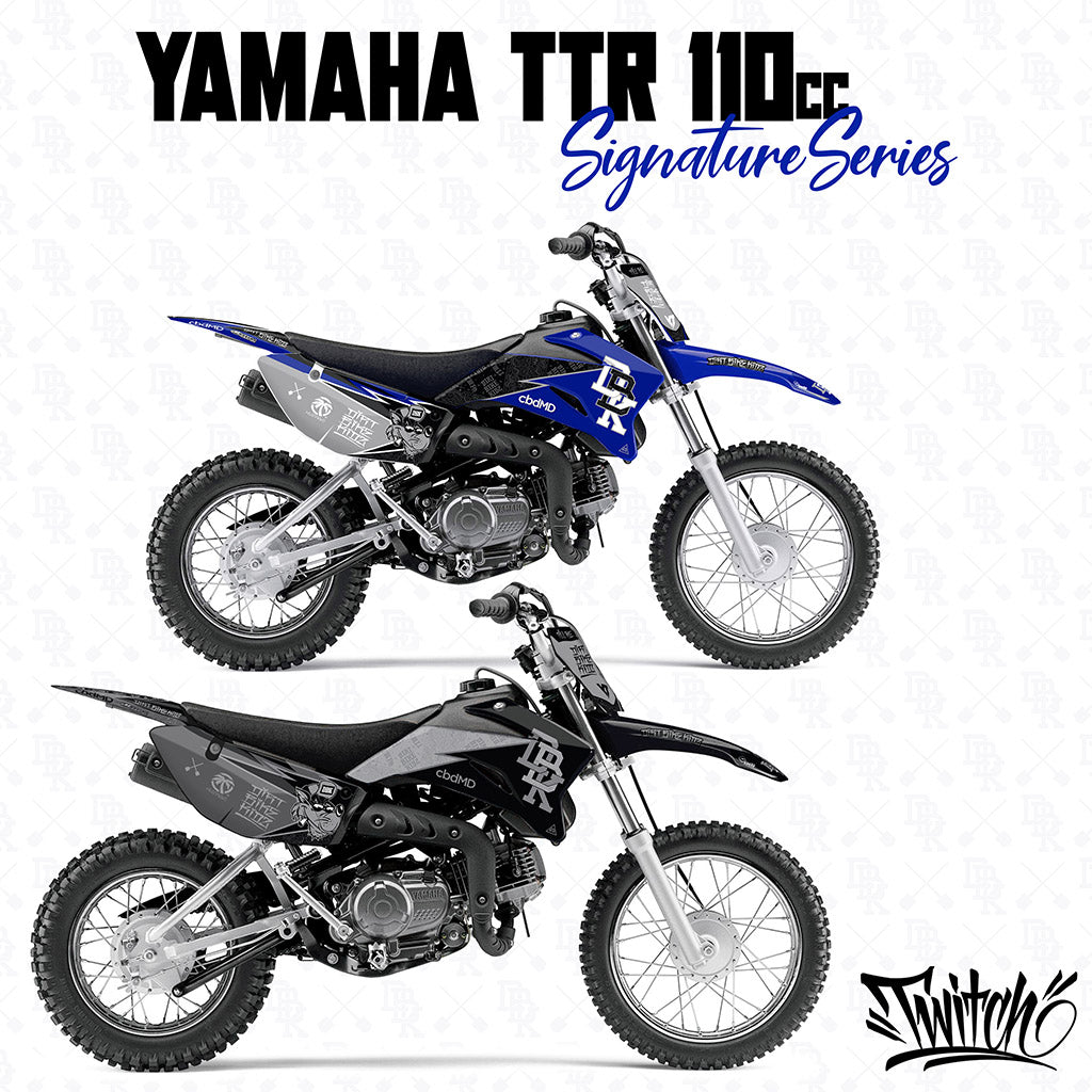 Yamaha TTR 110 signature decal kit, blue and black dirt bike graphics and panels