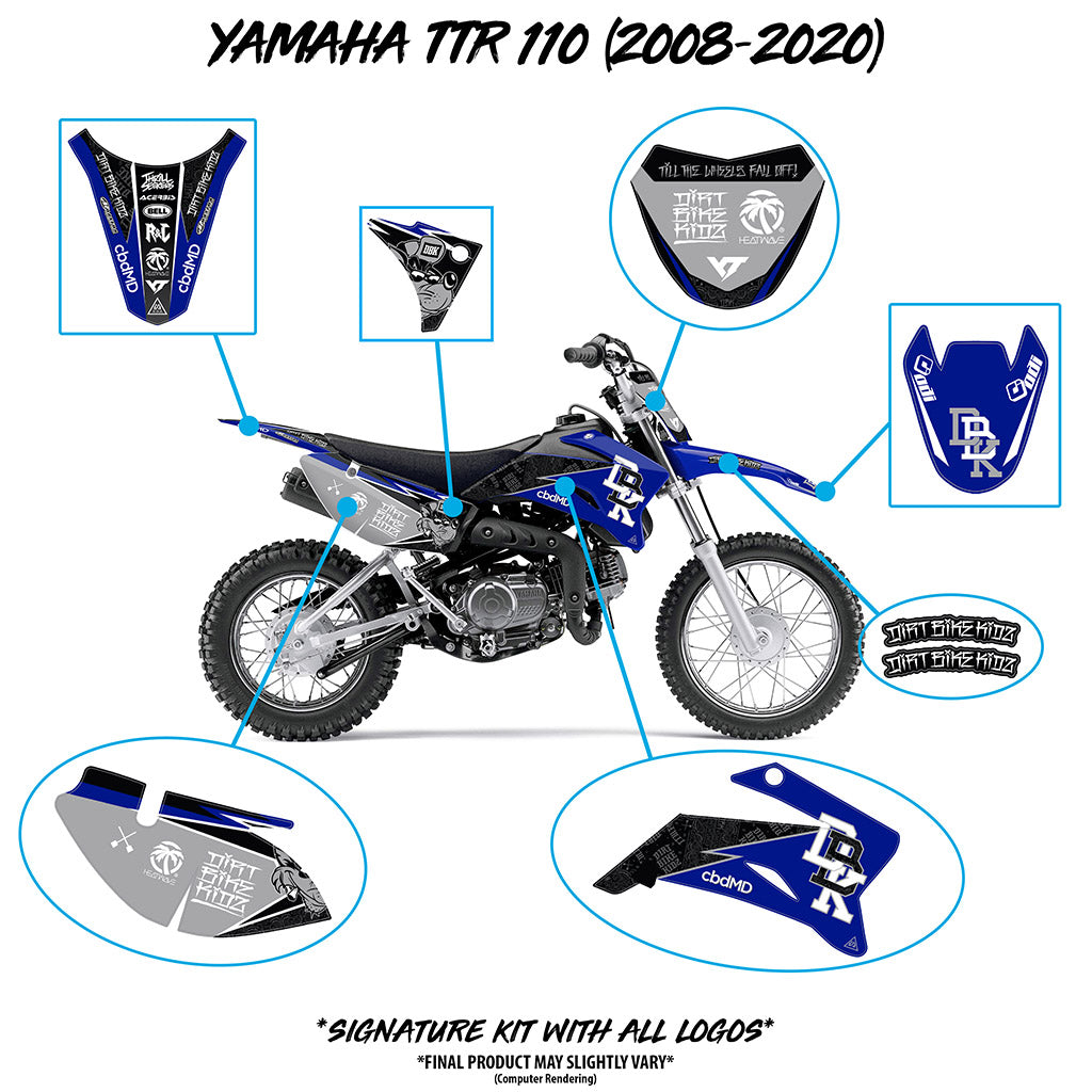 Yamaha TTR 110 signature kit with part locations, blue and black decal diagram