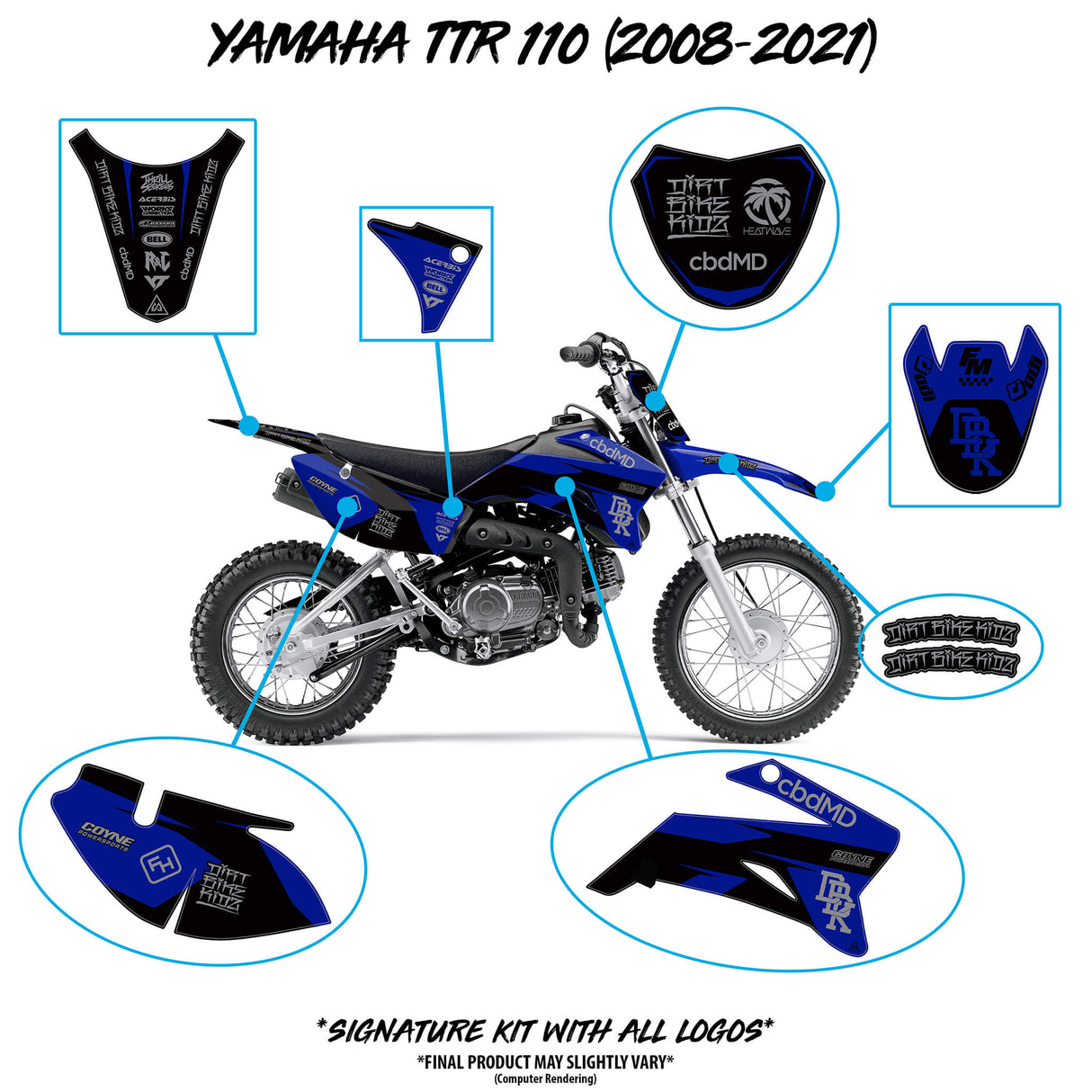 Yamaha TTR 110 Twitch Edition decals and graphics kit, blue and black panel designs