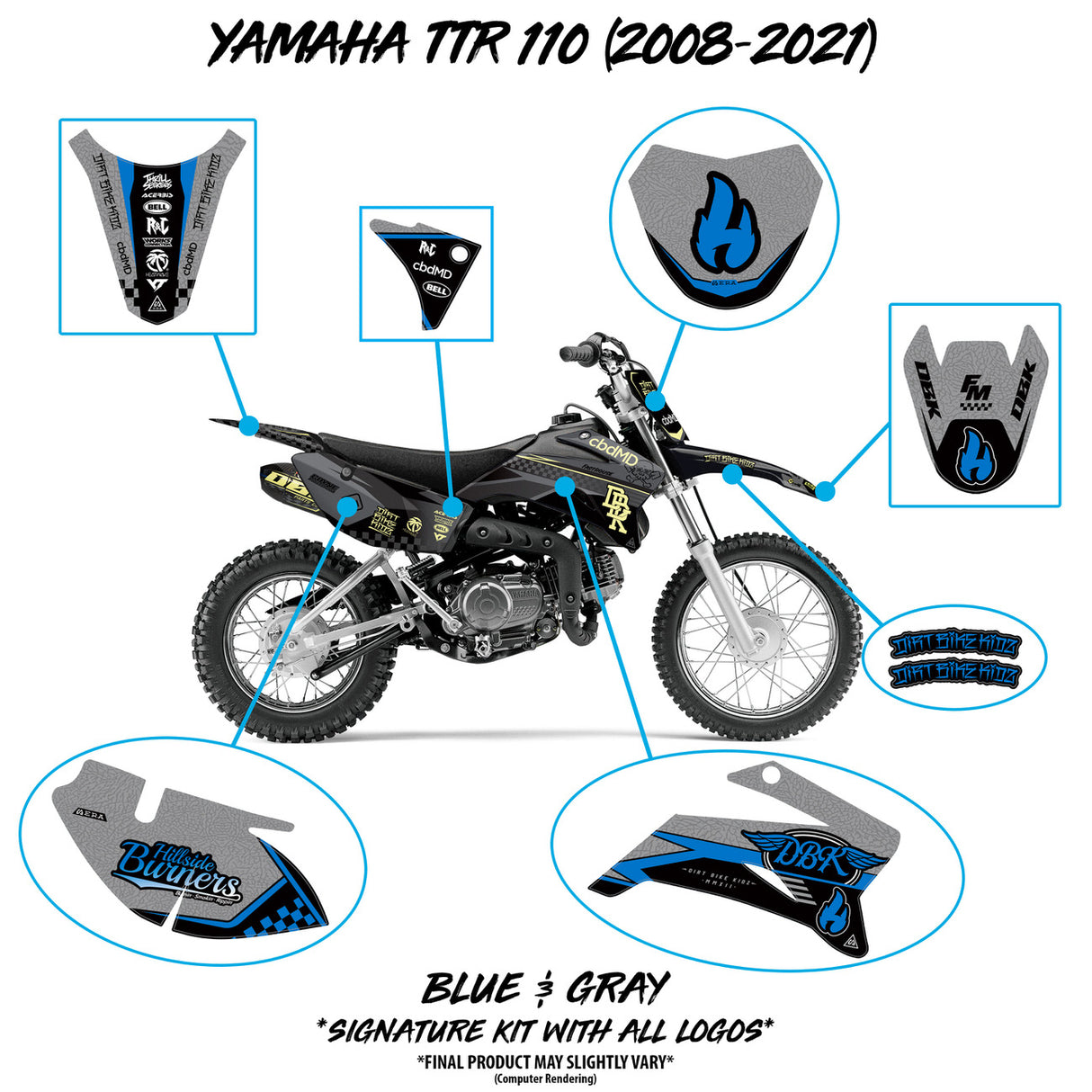 Yamaha TTR 110 (2008–2021) decal placement overview for blue/gray Hillside Burners kit