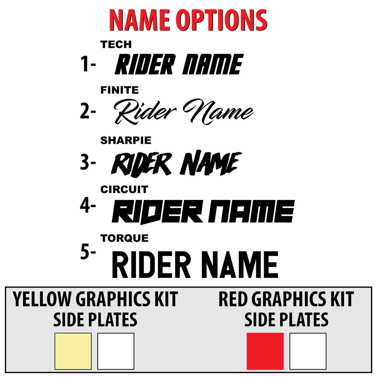 Motorcycle graphics name option chart with text layout examples