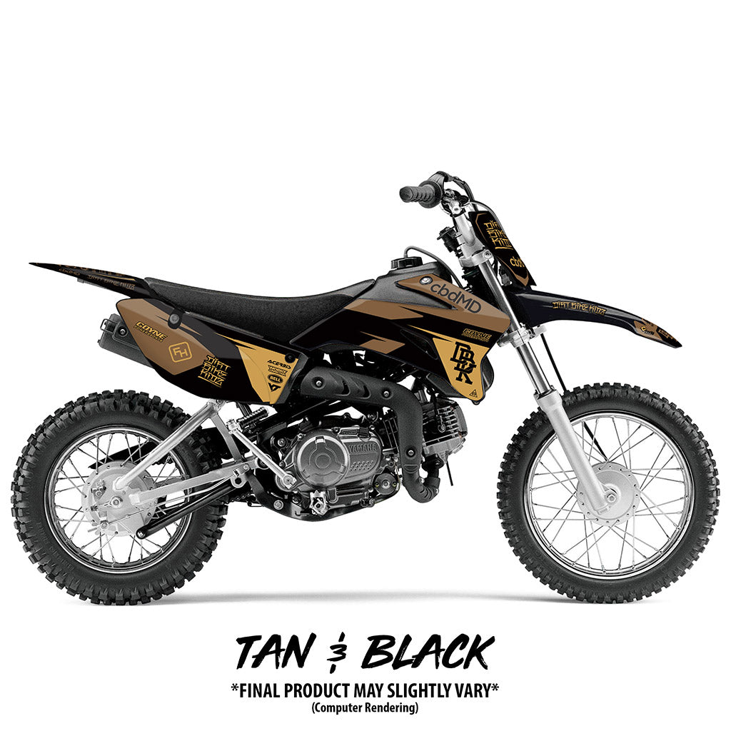 Yamaha TTR 110 Twitch Edition dirt bike, tan and black graphics, front three-quarter view