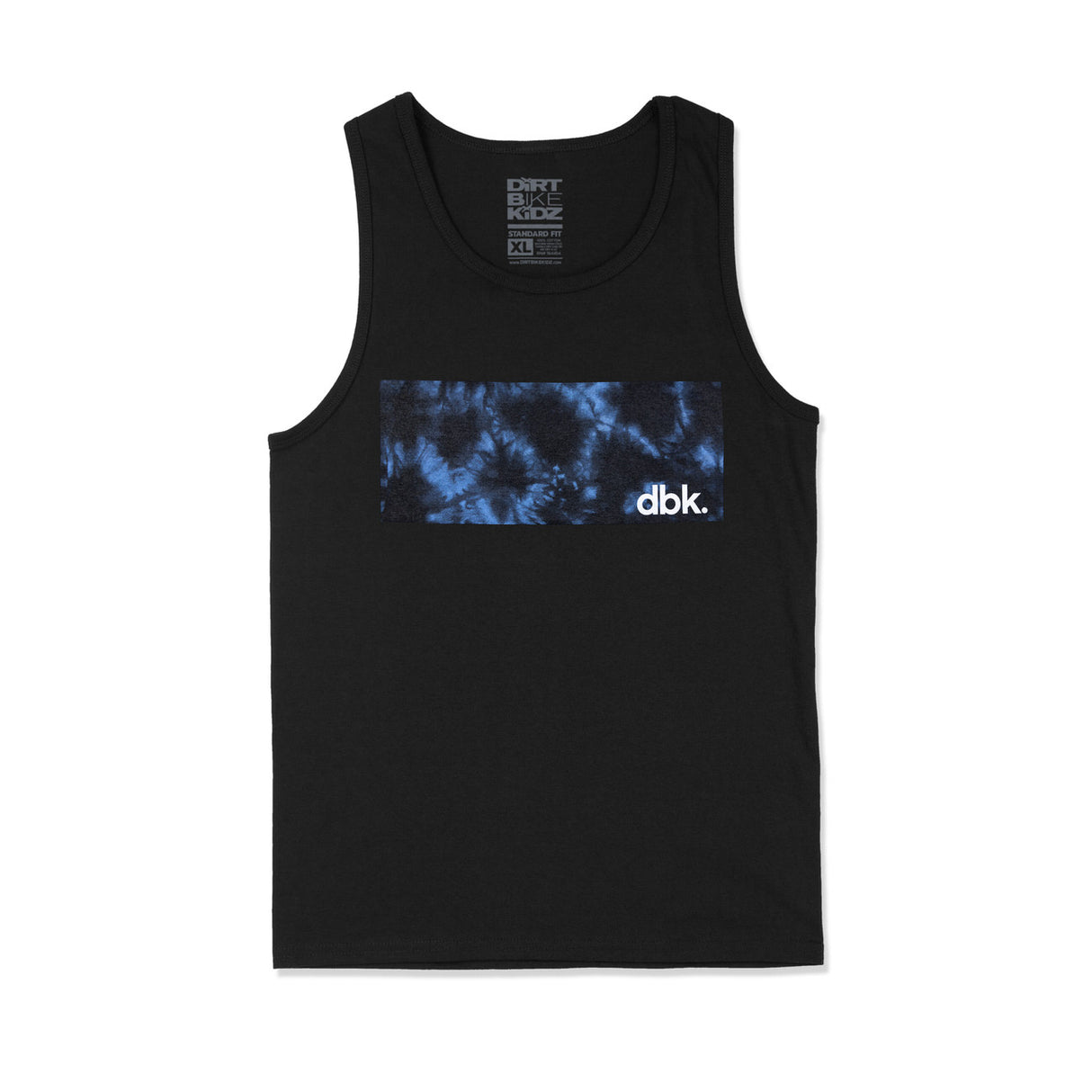 Black youth tank top with blue tie-dye band print and dbk logo across chest