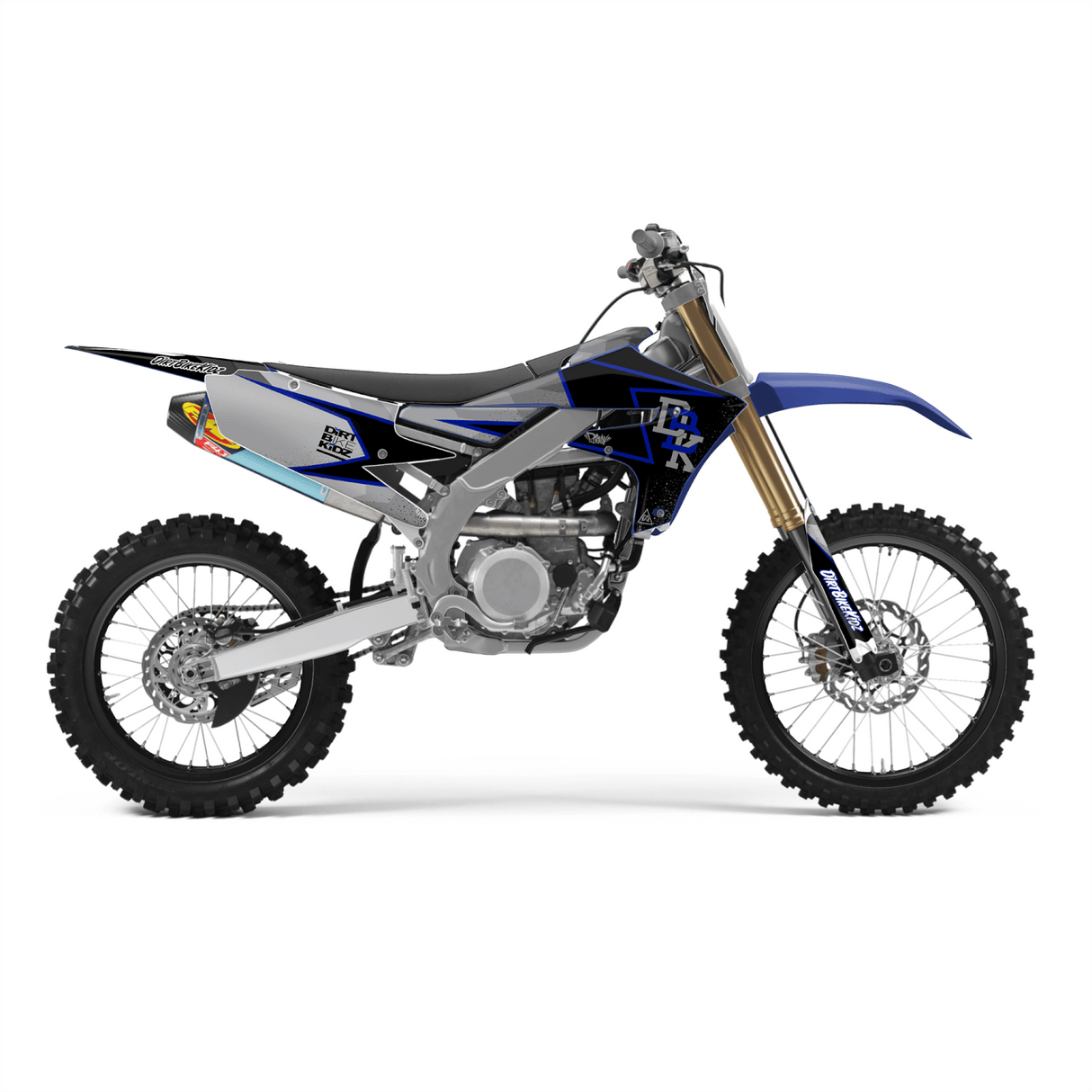 Dirt bike side panel and fairing graphic kit, blue and black decal set on motorcycle