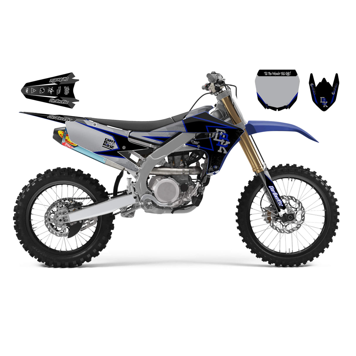 Motorcycle graphic decal kit on bike, blue and black side panels with front fender and number