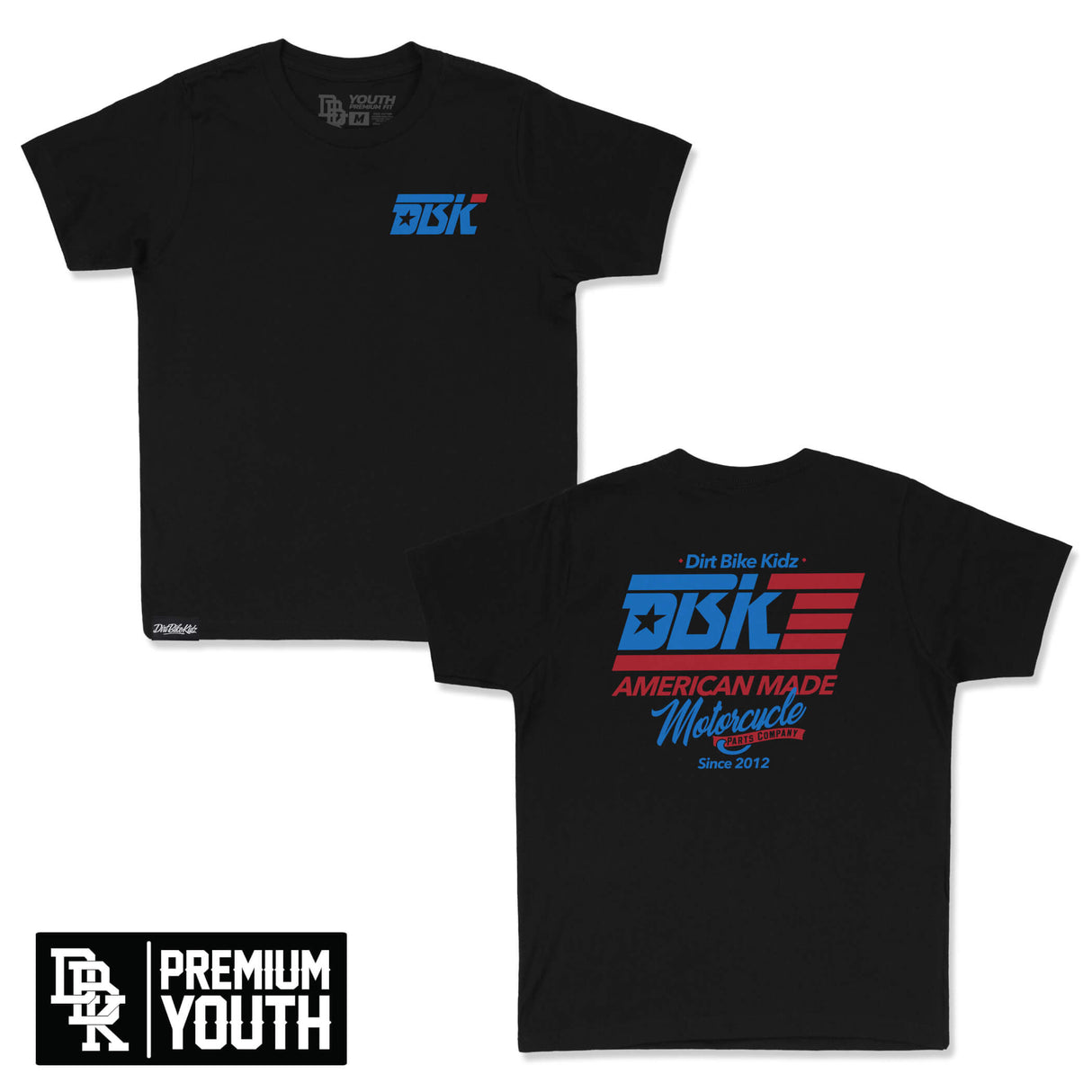 Youth premium tee, black, small blue chest DBK logo; short sleeves.