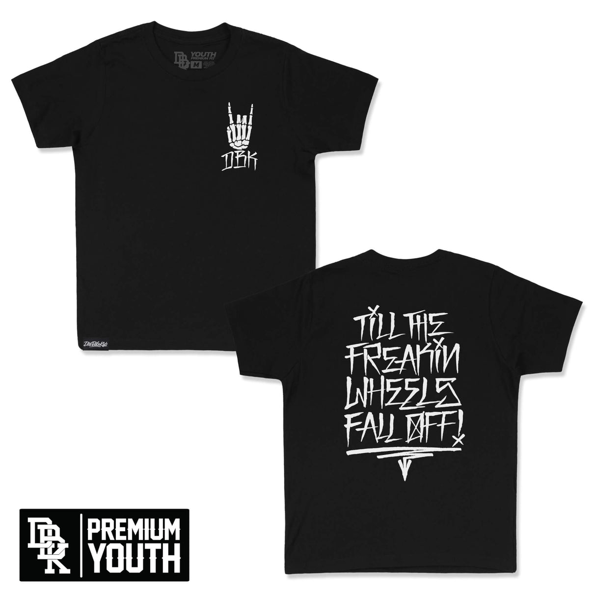 Youth premium tee in black with white chest hand logo graphic