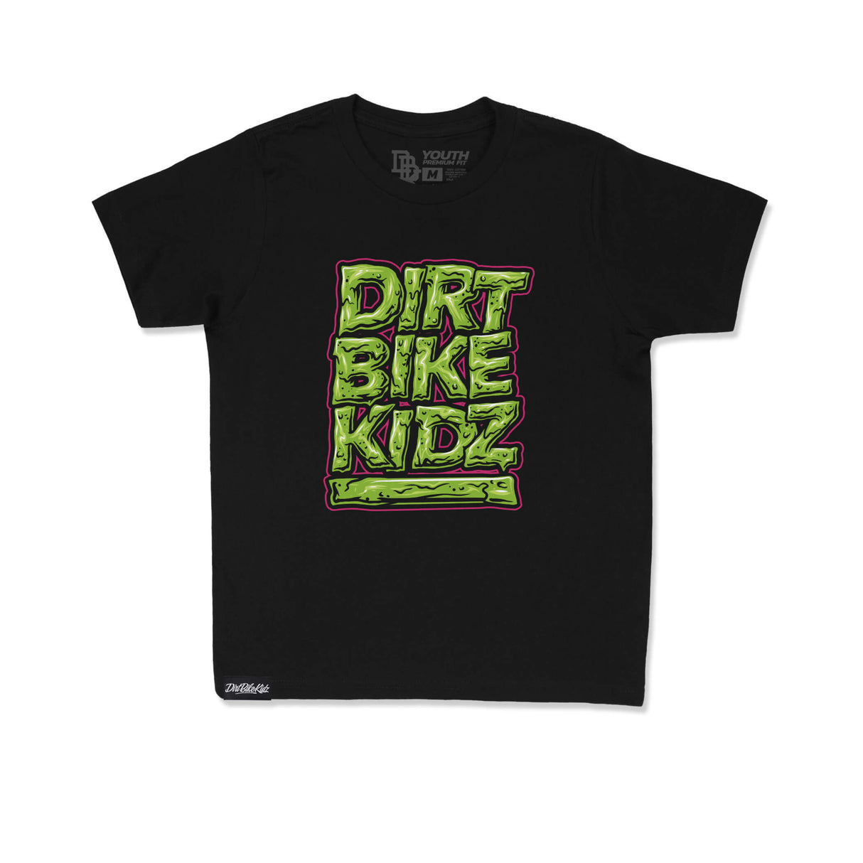 Youth premium black T-shirt with colorful DIRT BIKE KIDZ front graphic