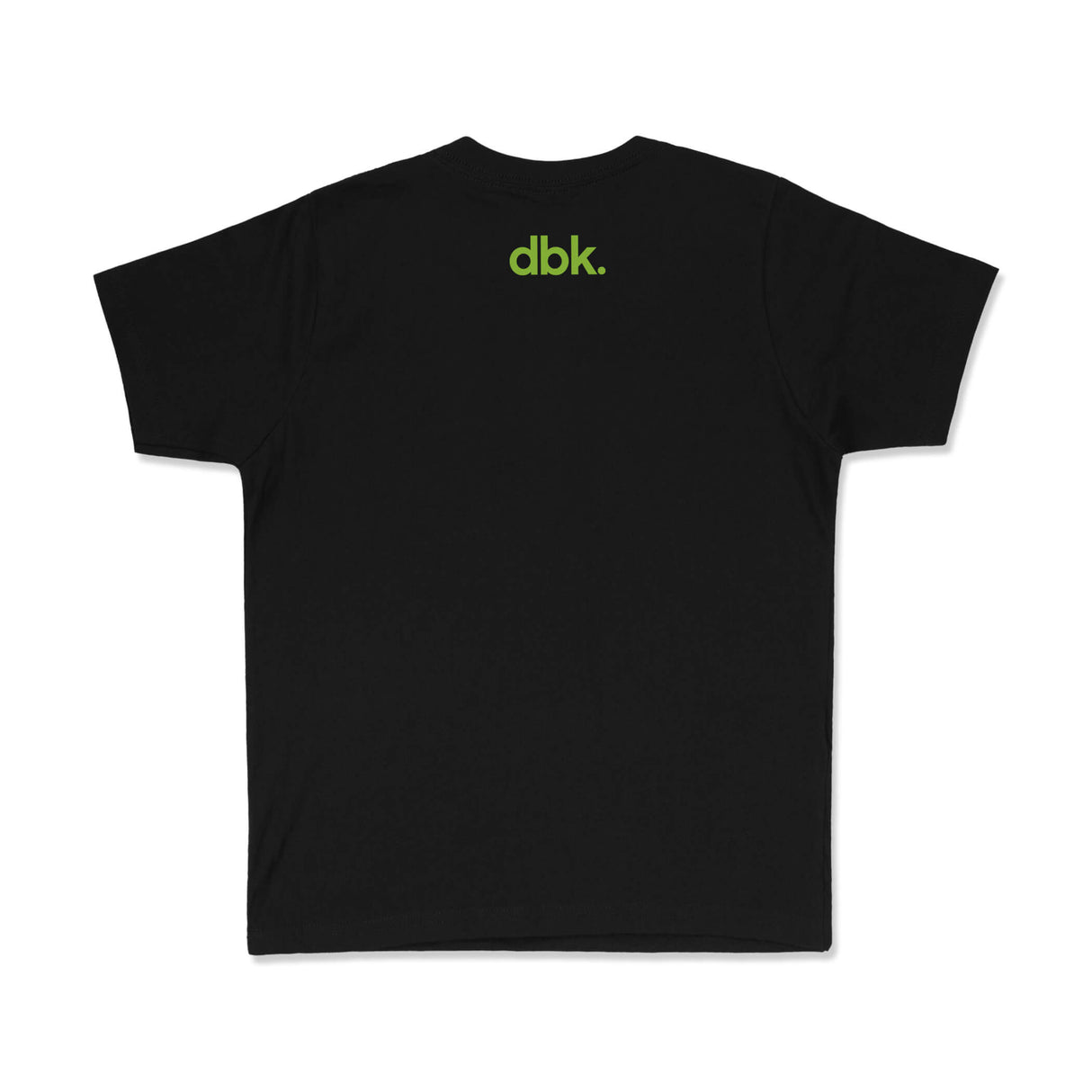 Youth black T-shirt back view with green dbk. logo