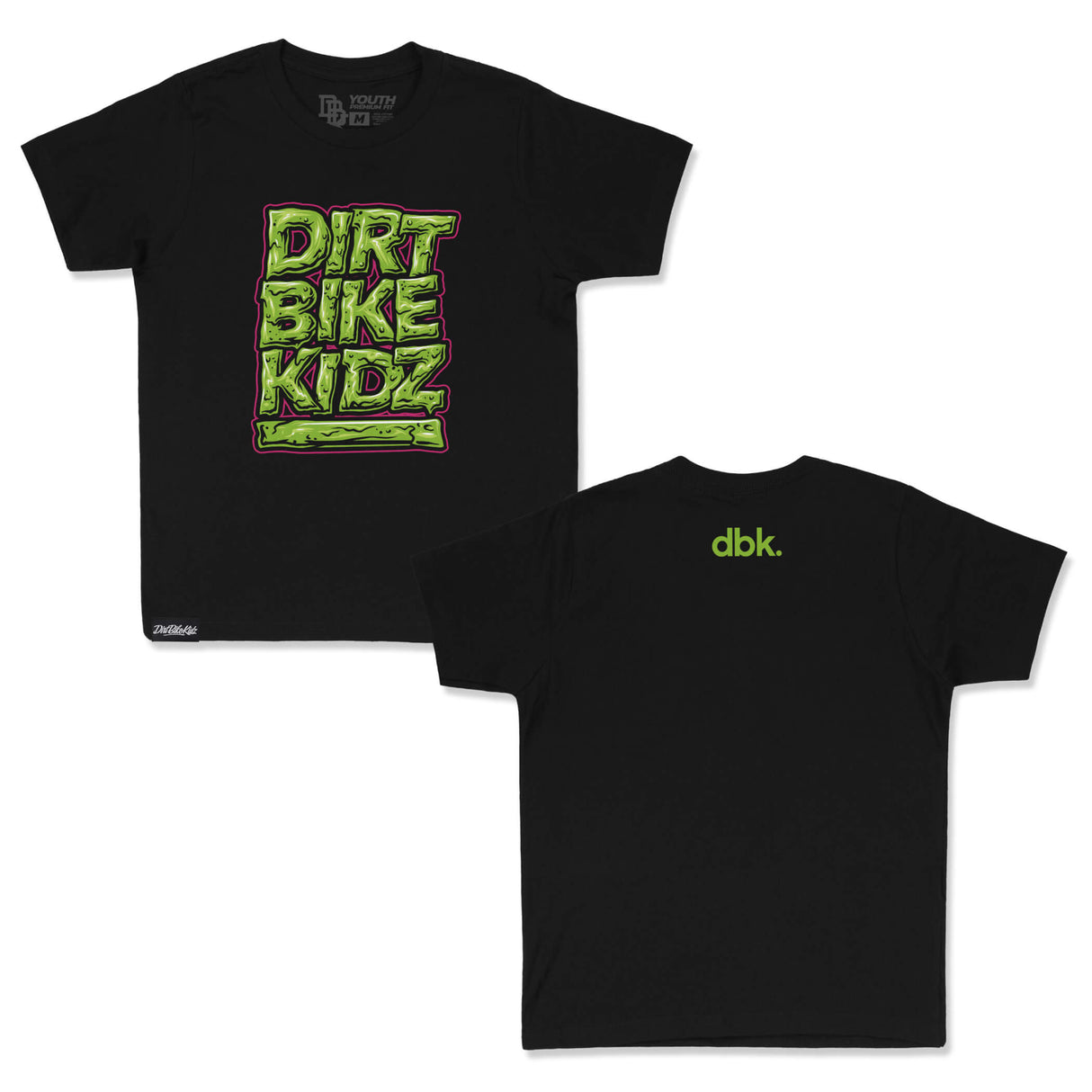 Youth black T-shirt set: front DIRT BIKE KIDZ graphic and back dbk. logo