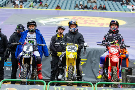 Cooper Webb #1, Ken Roczen #94, and Hunter Lawrence #96 lined up at the 2026 Philadelphia Supercross