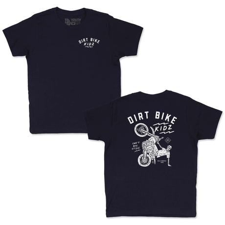 Dirt Bike Kidz youth graphic tees, front and back view showing DBK Dirt Bike Kidz logo, kids motocross shirts in navy