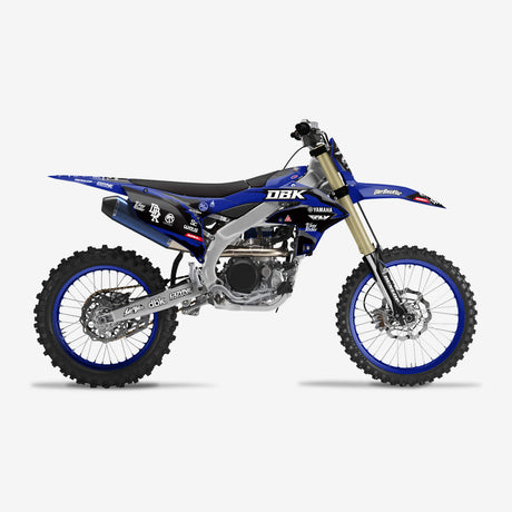 DBK custom motocross graphic kit on a blue dirt bike, Dirt Bike Kidz moto graphics decal kit