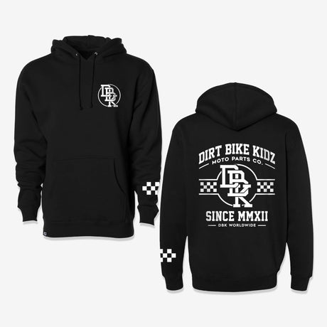 Dirt Bike Kidz hoodies front and back view, DBK logo on chest, Dirt Bike Kidz graphic on back in white on black
