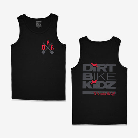 Dirt Bike Kidz adult tank tops front and back view, DBK motocross graphic tanks in black