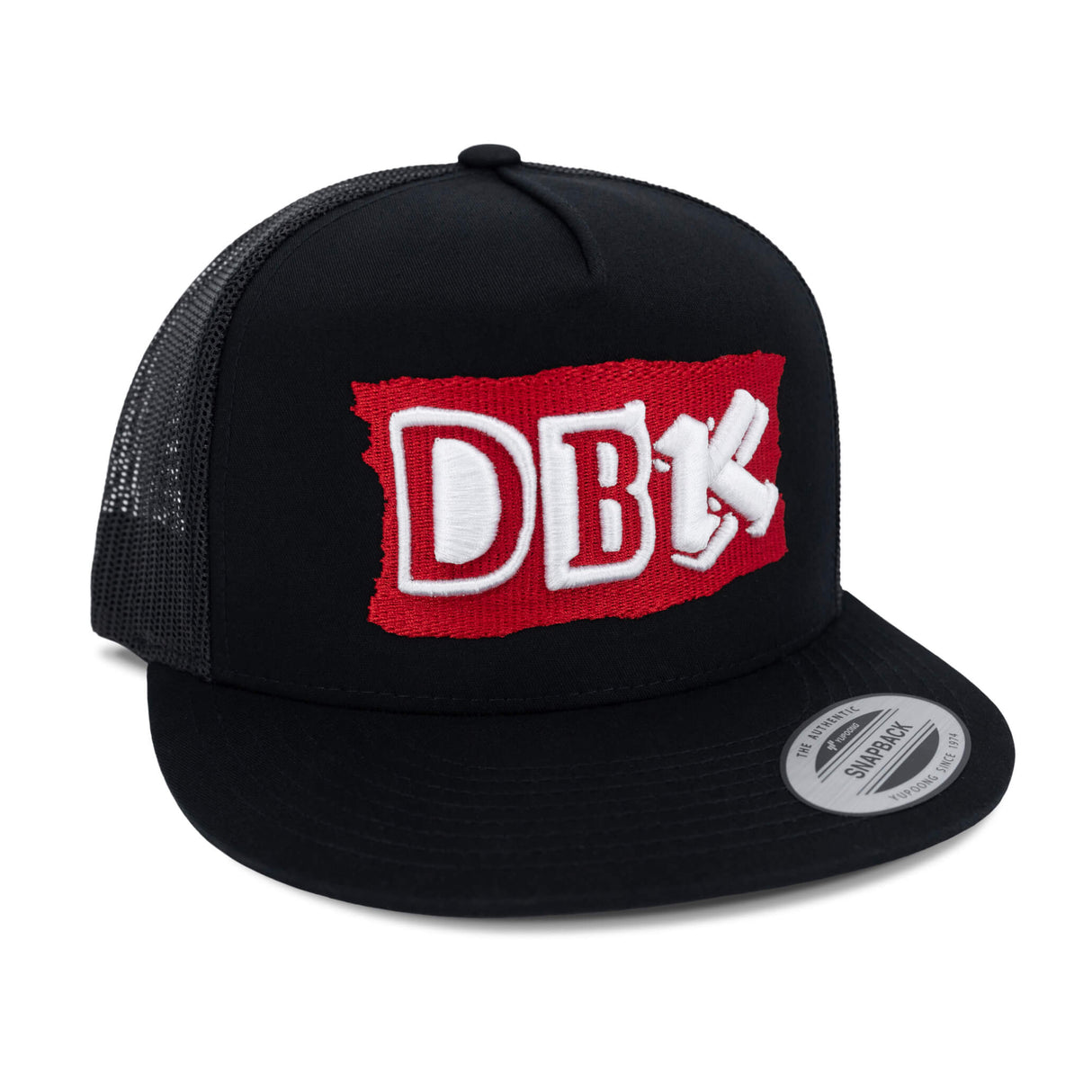 Black trucker hat with red-and-white DB logo patch and mesh side panels