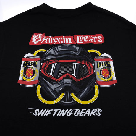 Black Shifting Gears tee with back print of helmet goggles and SHIFTING GEARS lettering