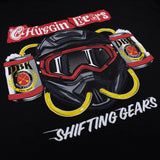 Black Shifting Gears tee close-up of helmet goggle graphic and SHIFTING GEARS text