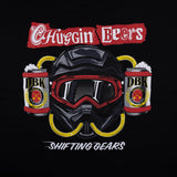 Black Shifting Gears tee close-up of beer-can helmet graphic with SHIFTING GEARS text