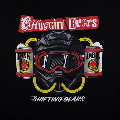 Black Shifting Gears tee close-up of beer-can helmet graphic with SHIFTING GEARS text