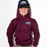 Youth maroon hoodie with hood up and small DBK logo patch on left chest