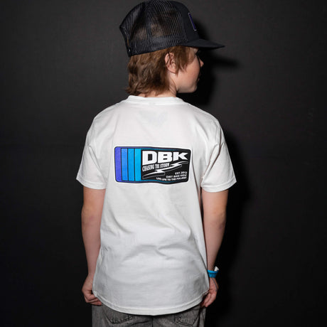 Youth premium tee back view, white with centered DBK logo graphic