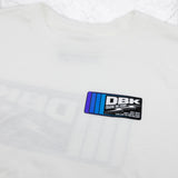 Youth premium tee chest logo close-up, white with DBK graphic