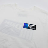 Youth premium tee chest logo close-up, white with blue DBK design