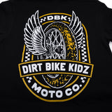 Youth premium black tee with large Dirt Bike Kidz Moto Co winged back graphic.