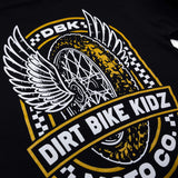 Youth premium black tee close-up of Dirt Bike Kidz Moto Co logo artwork.
