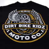 Youth premium black tee close-up of Dirt Bike Kidz Moto Co winged graphic.